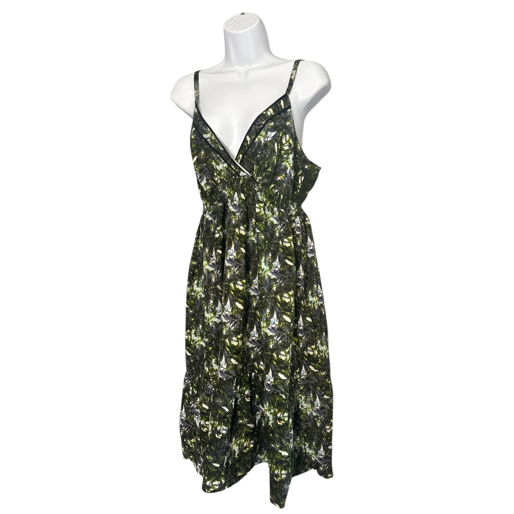 Cynthia‎ Richard Midi Dress Floral Print Green Black Spaghetti Strap V Neck